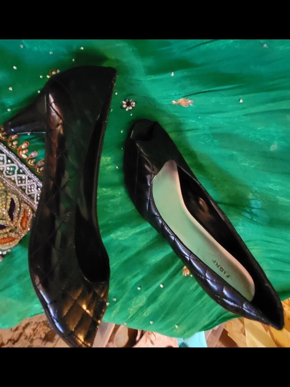 FIONI Black Patent Quilted Peeptoe Pumps